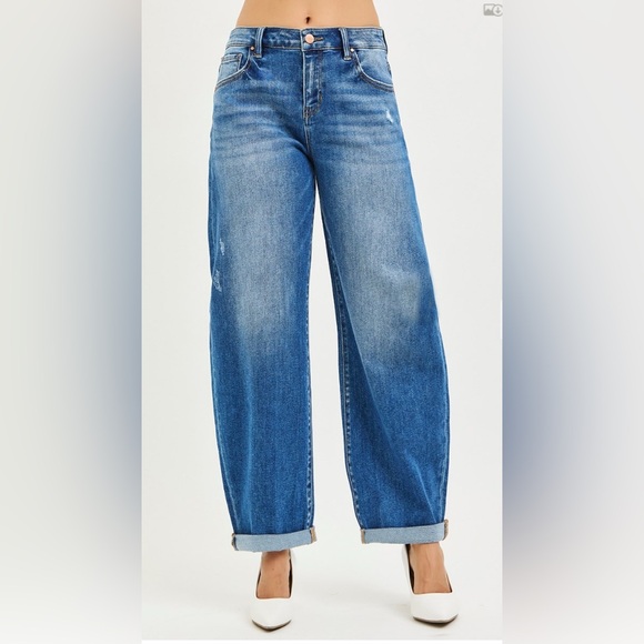 Risen Jeans Denim - RISEN MID PRELOVED RISE BARREL DOUBLE ROLL UP JEANS